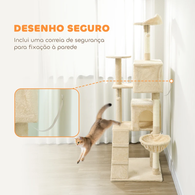 PawHut Arranhador para Gatos com Múltiplas Plataformas Cama 2 Cavernas Rede Escada Postes de Sisal 56x56x180 cm Bege
