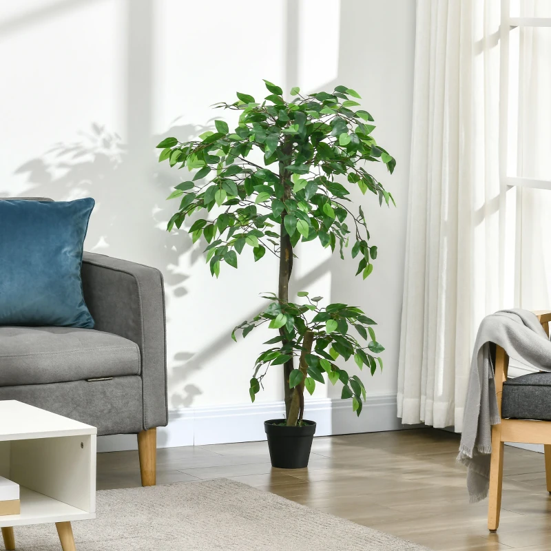 Outsunny Árvore de Chá Artificial 120 cm Planta Artificial com 546 Folhas Musgo e Vaso para Exterior Casa Sala de Estar Escritório Verde