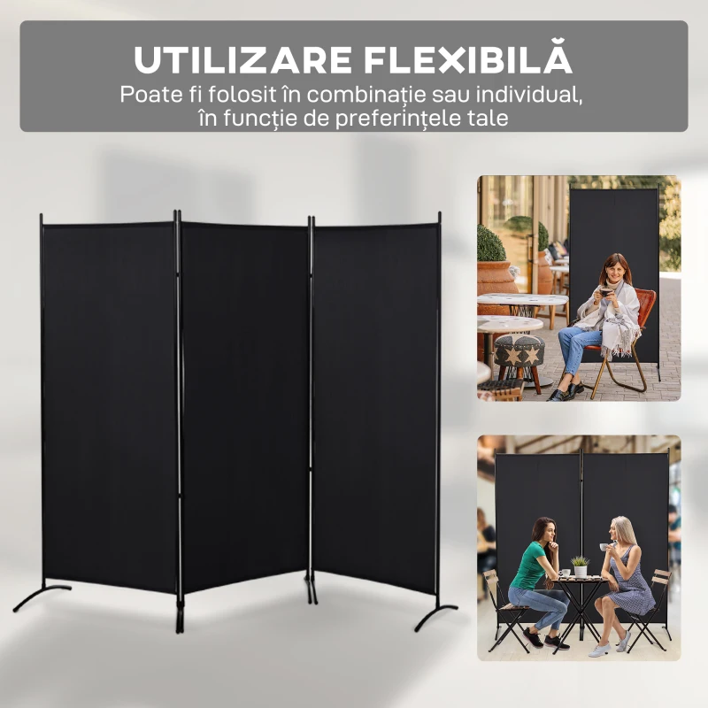 HOMCOM Paravan pliabil de interior cu 3 panouri, realizat din metal și poliester, 253x50x182 cm, negru