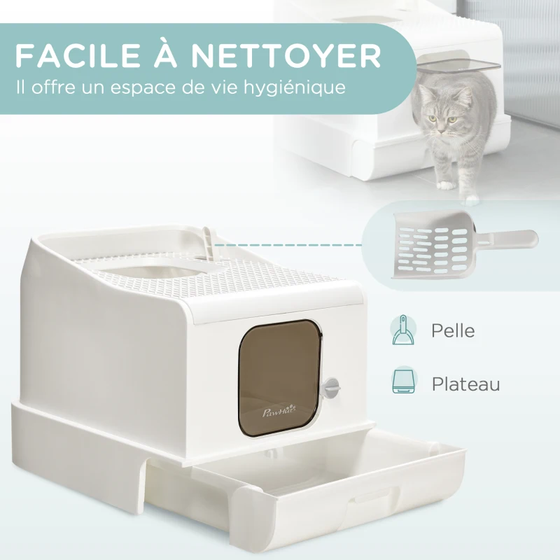 PawHut Maison de toilette pour chat 2 portes avec pelle et bac amovible - roulettes et poignée - PE blanc