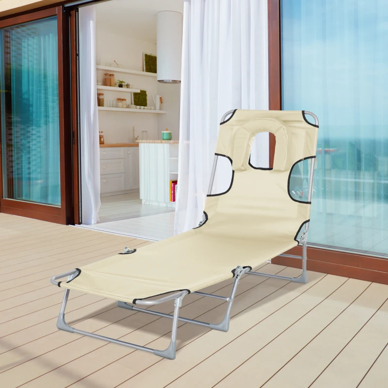 Outsunny Espreguiçadeira de Jardim Reclinável e Dobrável com Orifício de Leitura Apoio para Cabeça e Encosto Ajustável em 4 Níveis para Praia 182x56x24,5 cm Bege