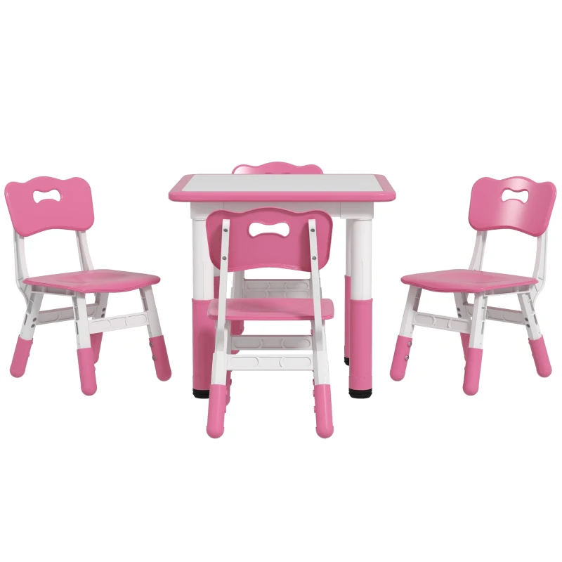 AIYAPLAY Set masă și scaune pentru copii, 5 piese, cu 4 scaune ajustabile 32x36x52.5-56 cm și masă 60x60x46-58 cm, roz