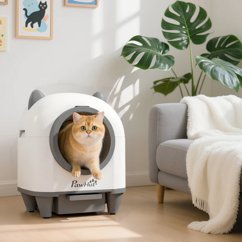 PawHut Caixa de Areia Autolimpante para Gatos 80L com Eliminação de Odores e Controlo por APP 55,5x51x60 cm Branco
