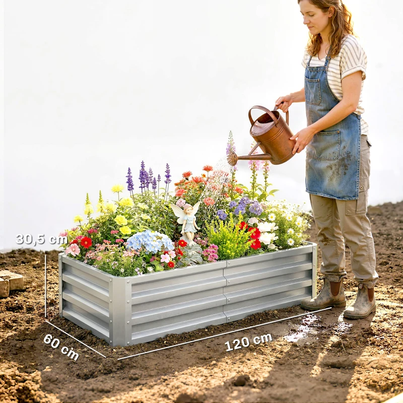 Outsunny Caixa de Plantio de Aço Galvanizado para Cultivar Plantas Flores Floreira Exterior Retangular com Fundo Aberto 120x60x30,5 cm Prata
