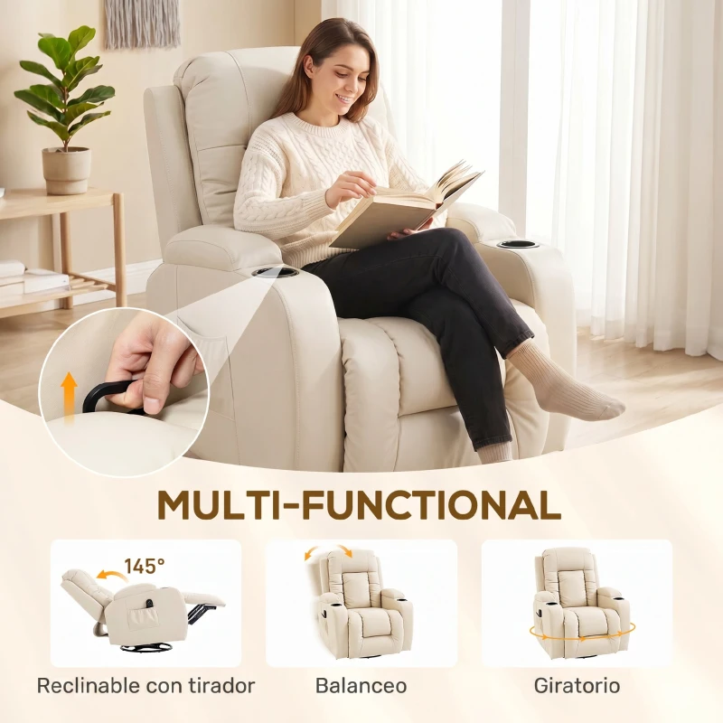 HOMCOM Sillón de Masaje Giratorio Sillón Relax Reclinable con 8 Puntos de Masaje Función de Calefacción 82x99x103 cm Crema