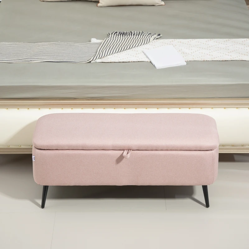 HOMCOM Banco de Armazenamento Estofado em Linho com Tampa Abatível e Pés de Aço Carga Máxima 150kg 101x38,5x44,5 cm Rosa