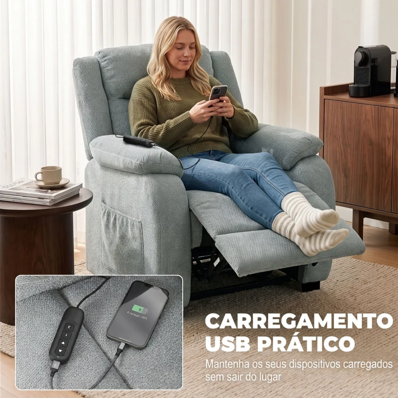 HOMCOM Cadeirão Relax Reclinável Elétrico em Tecido Efeito Linho com Molas, Apoio para os Pés, Telecomando, USB e 2 Bolsos Laterais Verde