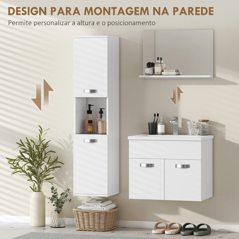 kleankin Conjunto de Móveis de Casa de Banho Suspenso de 4 Peças com Espelho, Armário com Lavatório em Cerâmica e Coluna, Branco