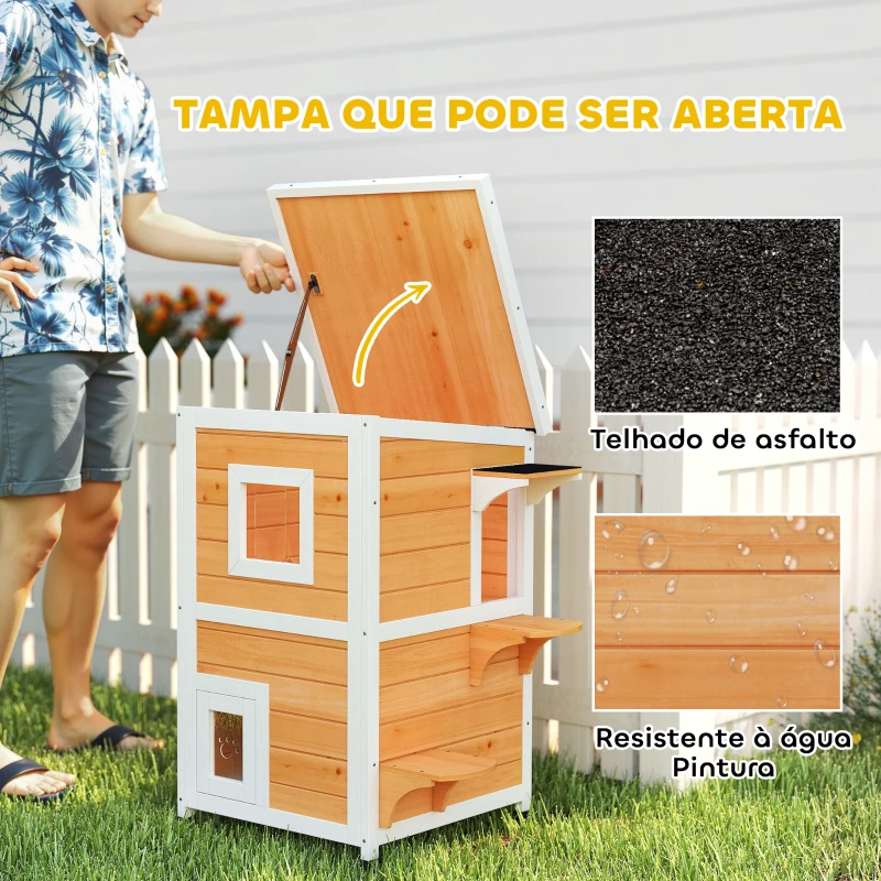 PawHut Casa para Gatos Exterior em Madeira 2 Níveis com Telhado Basculante Painel Central Removível  51x51x81,3 cm Madeira