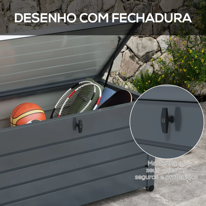Outsunny Baú de Exterior 311 L Baú de Armazenamento de Aço Galvanizado com 1 Fechadura para Jardim 120x62x66 cm Cinza Escuro