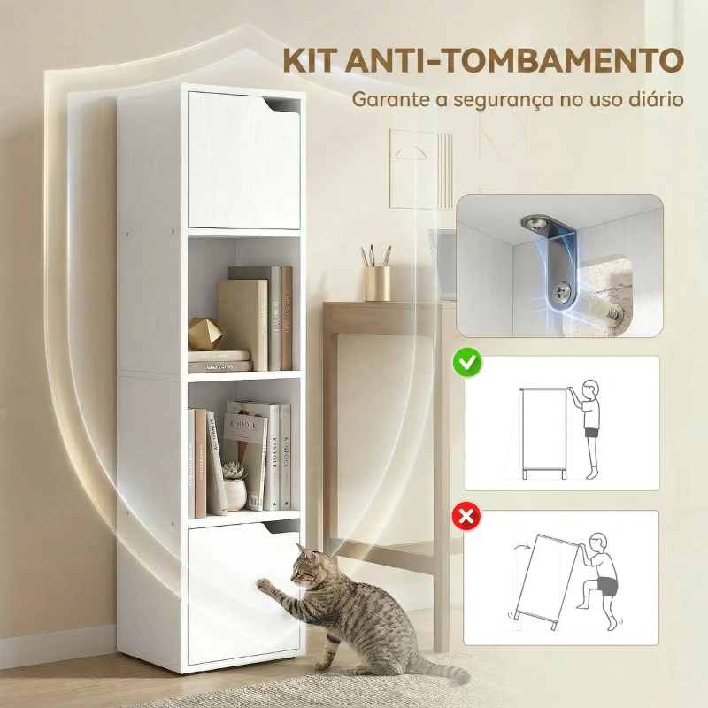 HOMCOM Estante para Livros com 2 Portas Estante Estreita de 4 Níveis com 2 Prateleiras Abertas 30x29x119 cm Branco