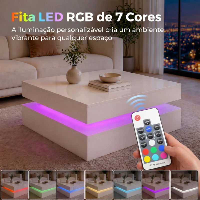 HOMCOM Mesa de Centro com LED RGB de 7 Cores com Armazenamento Aberto e Controlo Remoto 78x78x40 cm Branco