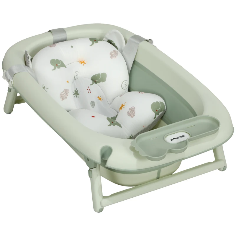 AIYAPLAY Banheira Dobrável Bebé com Almofada de Banho Suporte Orifício de Drenagem e de Chuveiro 86x53x25,5 cm Verde
