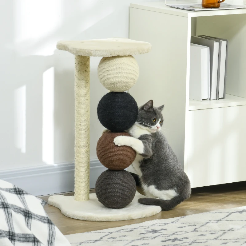 PawHut Kratzsäule für Katzen, Katzenkratzbaum Kratzbaum mit Plattform, Kratzstamm mit 2 Sisalpfosten und 4 Sisalbällen, Katzenkratzer Spielzeug, 38 x 38 x 64 cm