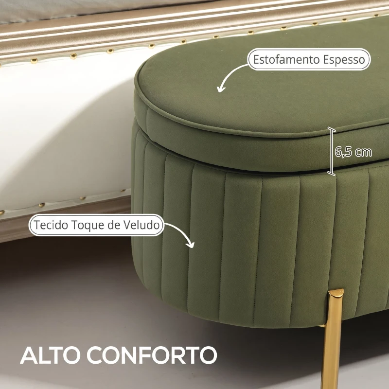 HOMCOM Banco de Cama com Arrumação em Veludo, Pés Dourados e Design Oval Elegante, 108x44x43,5 cm, Verde Escuro