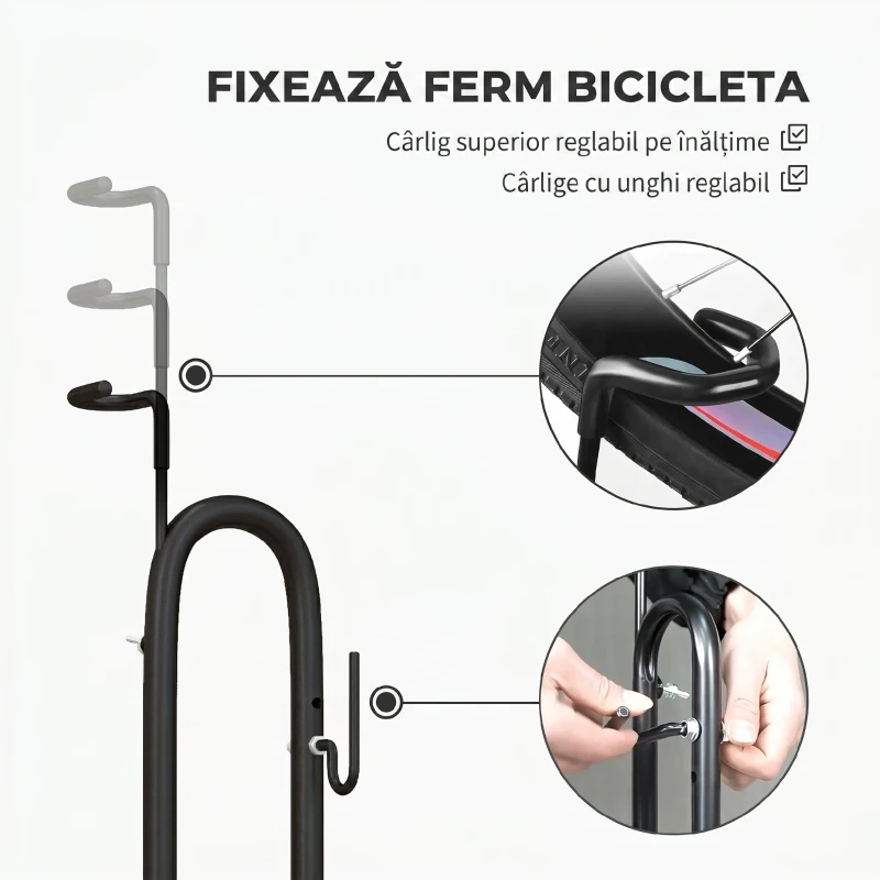 HOMCOM Suport bicicletă cu cârlige reglabile, compatibil cu biciclete 24"-29" și 700C, pentru garaj, interior și exterior, negru