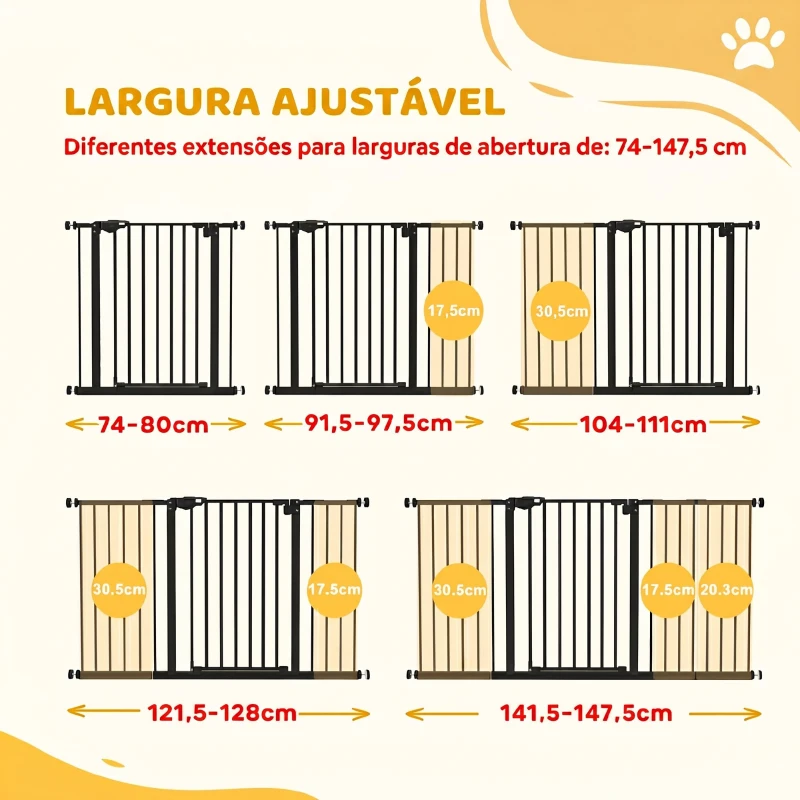 PawHut Barreira de Segurança Extensível para Portas e Escadas com Fechamento Automático e Sistema de Duplo Bloqueio 74-147,5x76,2 cm Preto