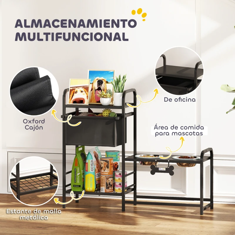 PawHut Comedero Perro Elevado con Cajón de Tela 2 Cuencos de Acero Inoxidable 2x800 ml Altura Ajustable 2 Estantes Negro