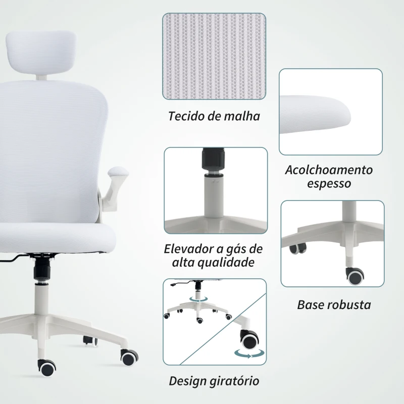 Vinsetto Cadeira de Escritório em Malha com Encosto Alto Apoio de Cabeça Ajustável Suporte Lombar 4D 62x64x120 cm Branco