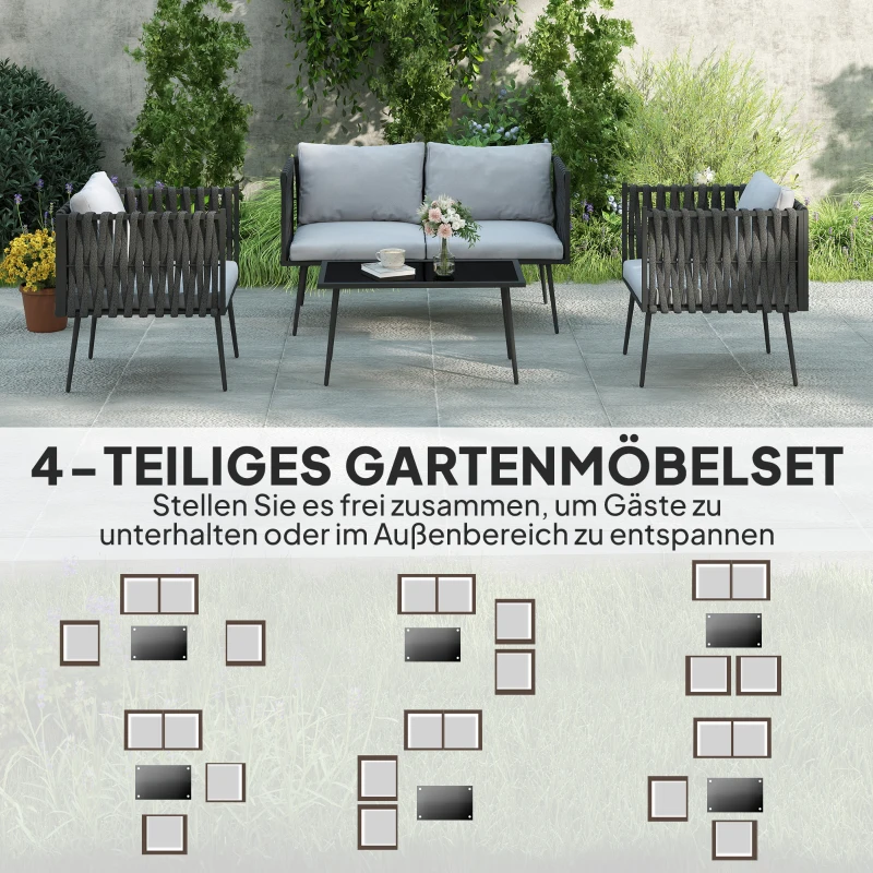 Outsunny Gartenmöbel Set 4 Personen wetterfest Balkonmöbel-Set mit 2er Sofa, Sessel Glastisch Sitzkissen Hellgrau