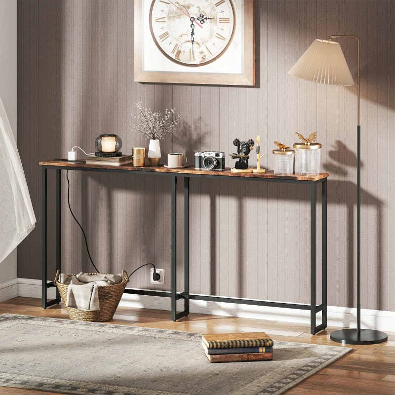 HOMCOM Mesa de Consola Estreita Consola com Estação de Carga Estrutura de Aço Estilo Industrial para  160x20x80 cm Marrom Rústico