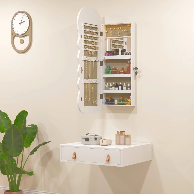 HOMCOM Espelho-Joalheiro com Luz LED Montado na Parede ou na Porta com Fechadura, Espelho de Corpo Inteiro Branco