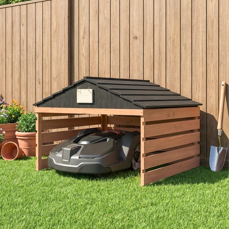 Outsunny Mähroboter Garage Holz Überdachung mit Satteldach wetterfest Garage für Rasenmäher Unterstand 79 x 74 x 54 cm Rotbraun
