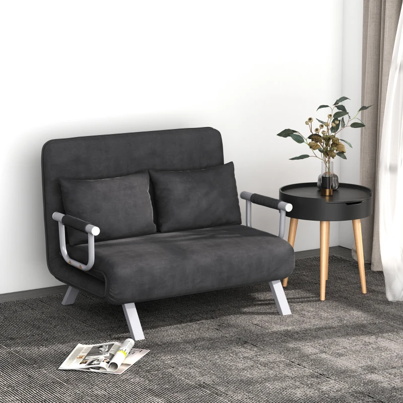 HOMCOM Sofá Cama de 2 Lugares Estofado em Camurça Sintética com Encosto Ajustável em 5 Níveis e 2 Almofadas 111x80x78 cm Cinzento