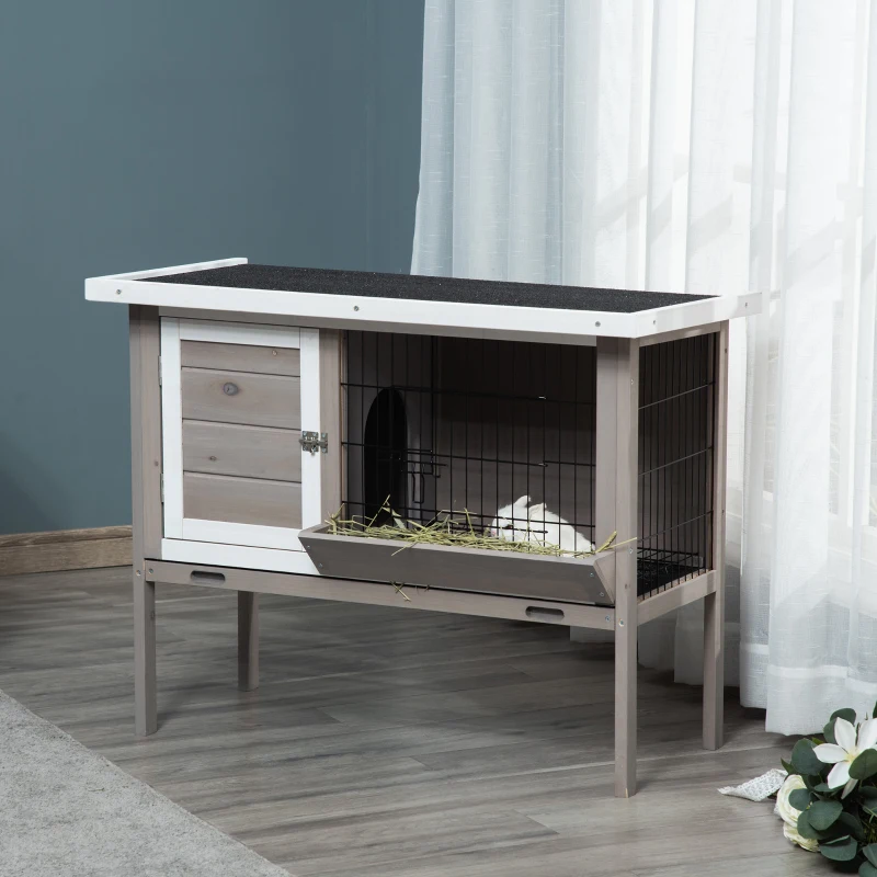 PawHut Coelheira de Madeira Exterior Gaiola Elevada para Coelhos Cobaias Animais Pequenos com Teto Asfáltico Abatível Comedouro Bandejas Removíveis e 2 Portas 91x46x71cm Cinza
