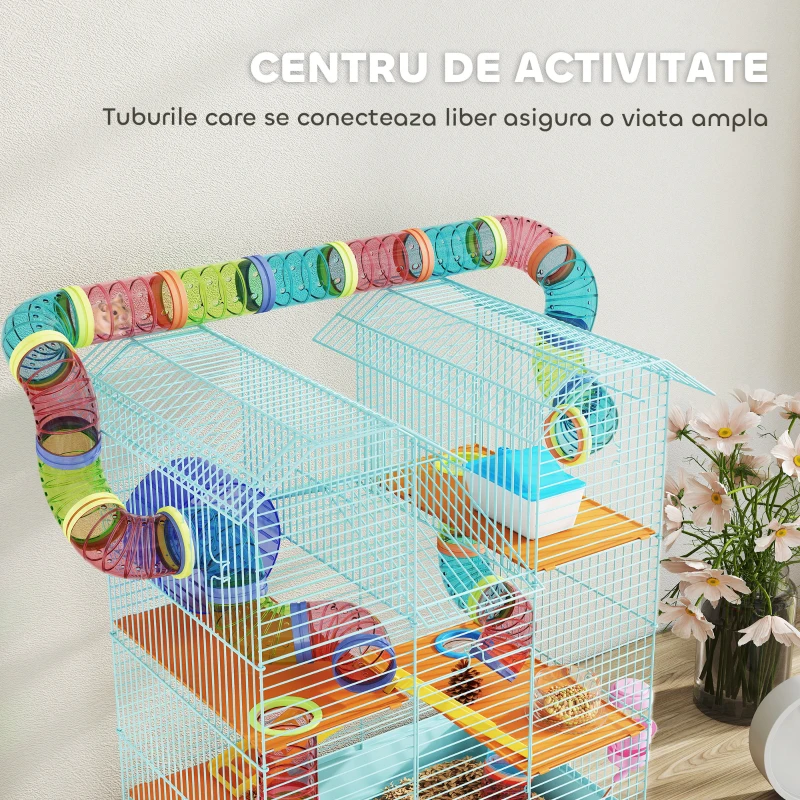 PawHut Gabbia per Criceti a 5 Piani con Tubi Colorati, Ruota, Casetta e Accessori, 47x30x59 cm, Azzurro