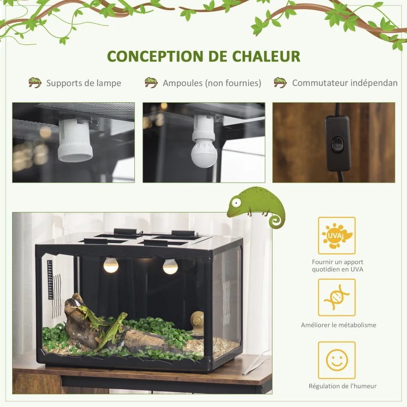PawHut Terrarium en verre - vivarium reptiles & batraciens - habitat tortue - couvercle grillagé 2 parties amovibles - distributeur eau, thermomètre, pincette, 2 douilles inclus - ABS acrylique noir