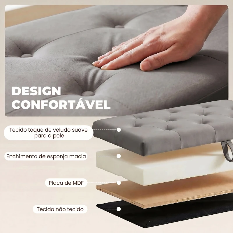 HOMCOM Puff de Armazenamento Banco de Armazenamento 141L 137x41x42 cm Estofado em Veludo Baú de Arrumação Capacidade 240 kg Cinzento