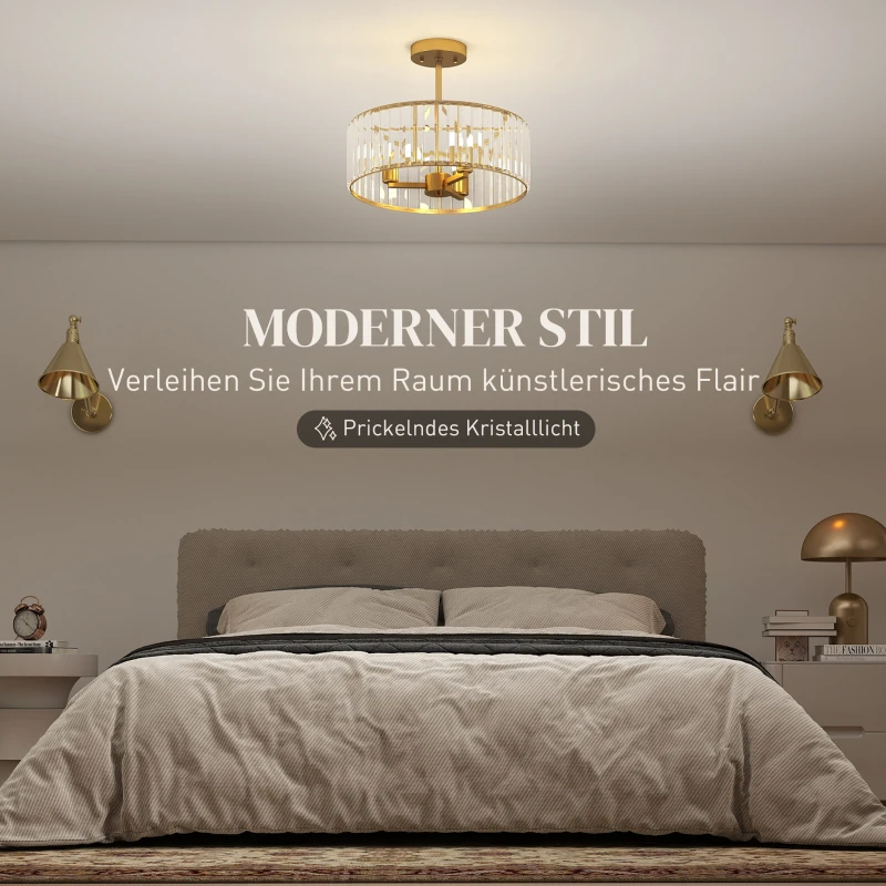 HOMCOM Deckenlampe, Kronleuchter-Design, Kristallschirm, 3 Glühbirnen, Metall, Goldfarben(m-4)
