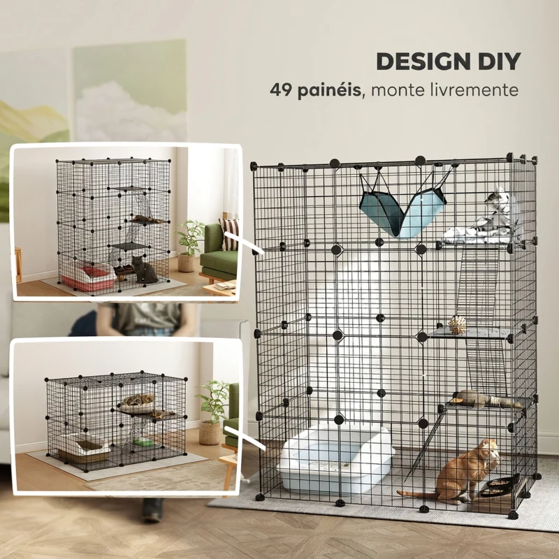 PawHut Gaiola Grande para Gatos de Interior com 49 Painéis, 4 Níveis, 5 Portas, 3 Plataformas, Rampas e Rede, DIY, 105x70x140 cm, Preto
