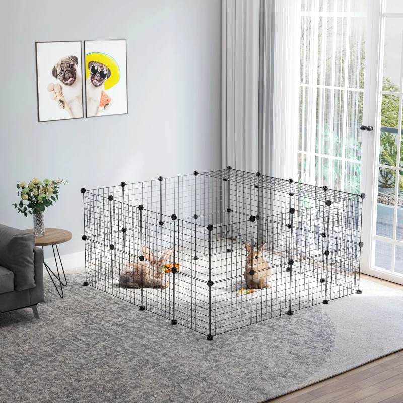 PawHut Valla Metálica para Mascotas de 36 Paneles, Jaula para Animales Pequeños, Forma Personalizable, Jaula para Conejos, Cobayas, Chinchillas, Gatitos, 146x73x73 cm, Negro