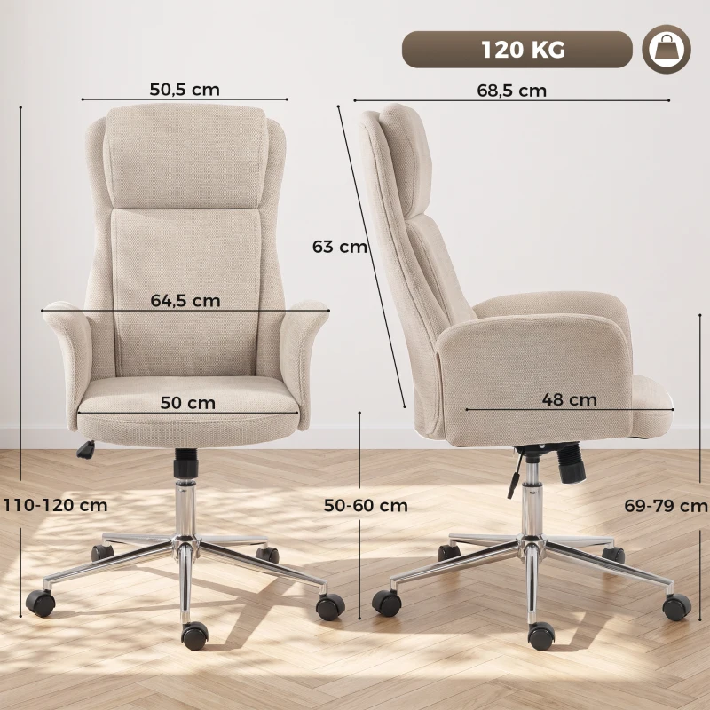 HOMCOM Sedia da Ufficio Girevole con Schienale Alto e Altezza Regolabile, in Ciniglia, Beige