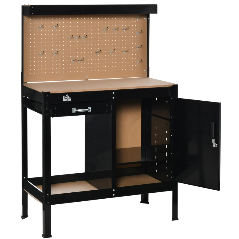 HOMCOM Bancada de Trabalho 98,5x48x140 cm Mesa de Trabalho com Painel Perfurado Gaveta Prateleira e Armário com Fechadura Preto