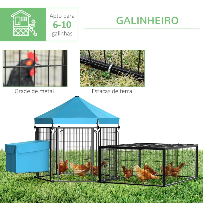 PawHut Galinheiro de Metal para 6-10 Galinhas Galinheiro Resistente para Exterior com Toldo Grade de Arame Ninho Teto Abatível e Portas 201,5x156x120cm Preto e Azul