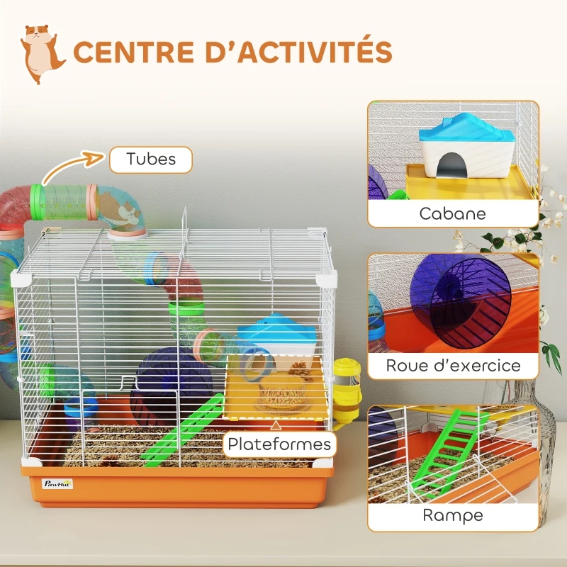 PawHut Cage à Hamster Rongeur 2 Niveaux avec Tunnel, Biberon d'Eau, Roue, Maisonnette, Échelles, 46 x 30 x 37 cm, Orange