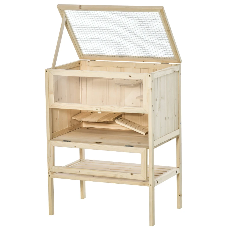 PawHut Kleintierkäfig Kleintierstall mit 5 Podesten und 1 Rampe Nagerkäfig Kleintierhaus Tannenholz Natur 60 x 40 x 80 cm