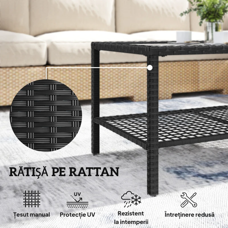 Outsunny Măsuță de Cafea din Ratan pe 2 Niveluri cu Raft, Blat din Sticlă Securizată, Măsuță de Exterior cu Cadru din Oțel, 92x50x45 cm, Negru