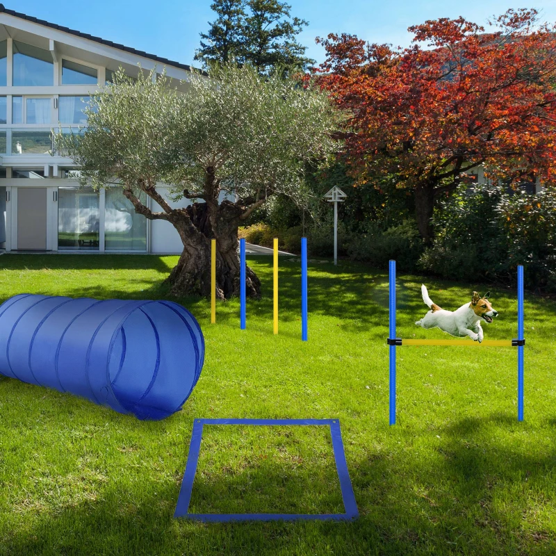 PawHut Treino de Agilidade para Cães Obstáculos de Salto para Cães com Altura Ajustável Túnel e Bolsa de Transporte Azul