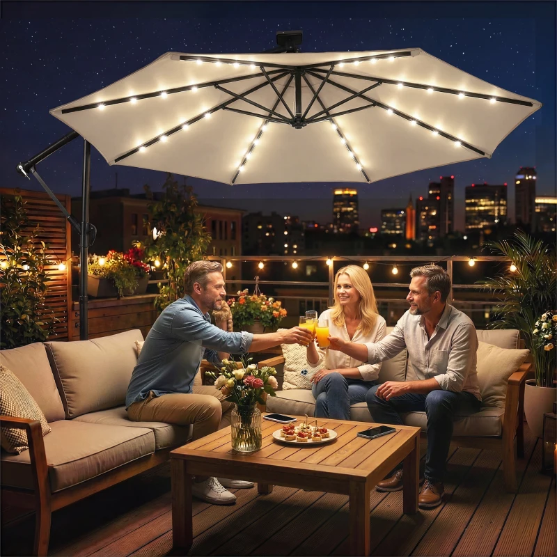 Outsunny Ampelschirm LED Solar ca. Ø300 cm Drehbar Sonnenschirm mit Kurbel Ständer Schutzhülle Beige