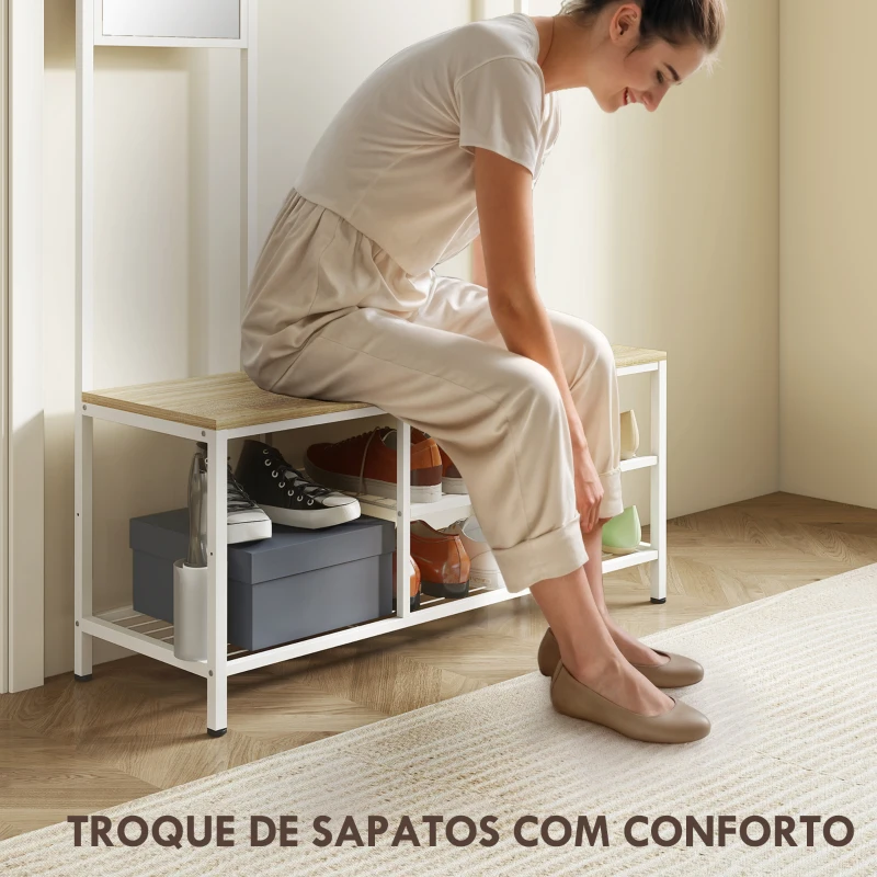 HOMCOM Móvel Cabide de Entrada com Espelho e Sapateira 4 em 1 com 3 Prateleiras Banco 10 Ganchos 98x34x186 cm Madeira