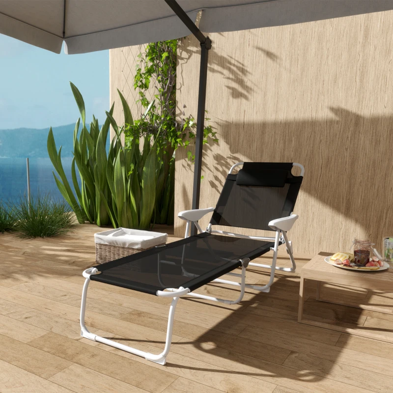 Outsunny Sonnenliege klappbar Gartenliege mit Kopfkissen, Liegestuhl mit 4-Fach verstellbare Rückenlehne bis 120 kg Schwarz