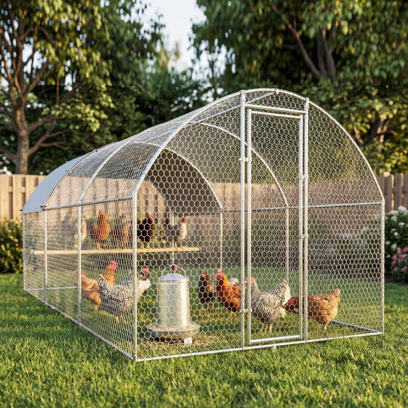 PawHut Galinheiro de Exterior 2,8x5,1x1,9 m Cobertura de Tecido Oxford Anti-UV Impermeável Fechos para 15-24 Galinhas Prateado