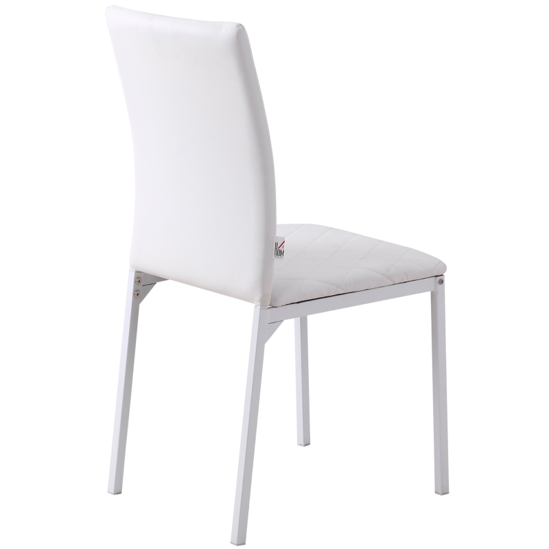 HOMCOM Conjunto de 4 Cadeiras de Sala de Jantar, Cadeiras Modernas para Cozinha, Encosto Alto com Costuras Decorativas em Forma de Diamante, Estofadas em Pele Sintética, Pernas de Aço, Suportam até 120 kg, Branco