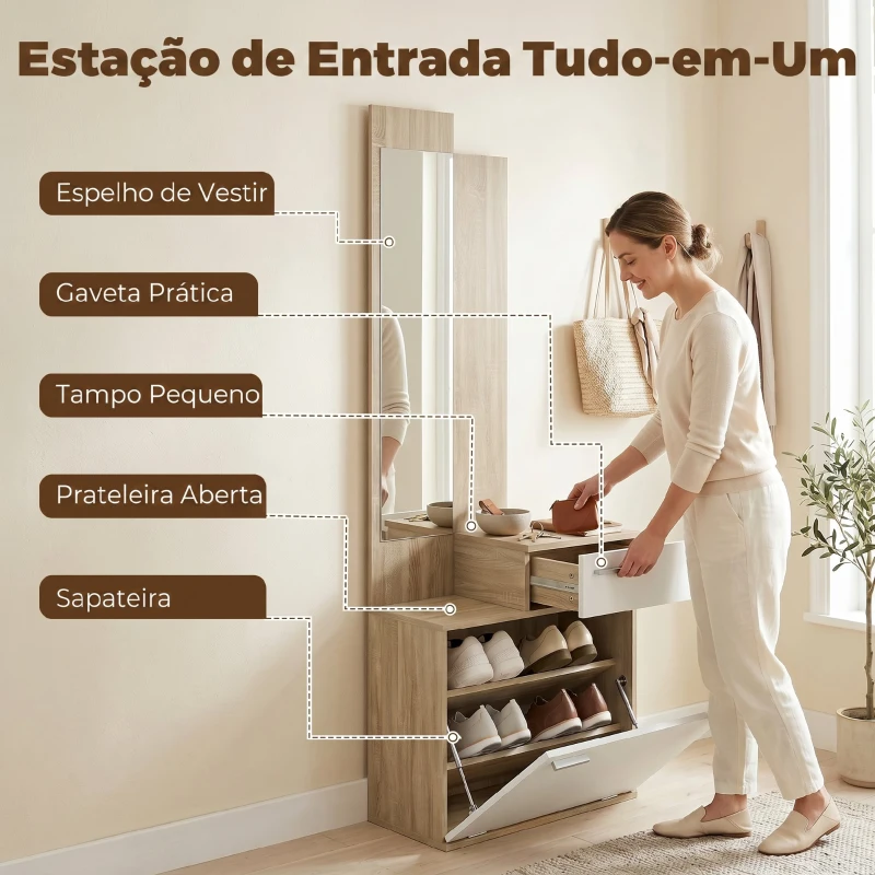 HOMCOM Móvel de Entrada com Espelho, Sapateira Basculante, Assento, Gaveta e Compartimento Aberto, 61x30x170 cm, Branco