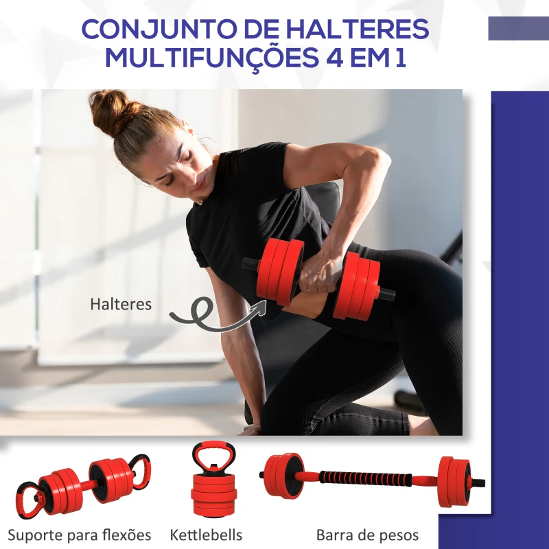 SPORTNOW Conjunto de Halteres 20kg 4 em 1 Conjunto de Pesos com Kettlebell Barra de Pesos para Treino de Força em Casa Ginásio Vermelho