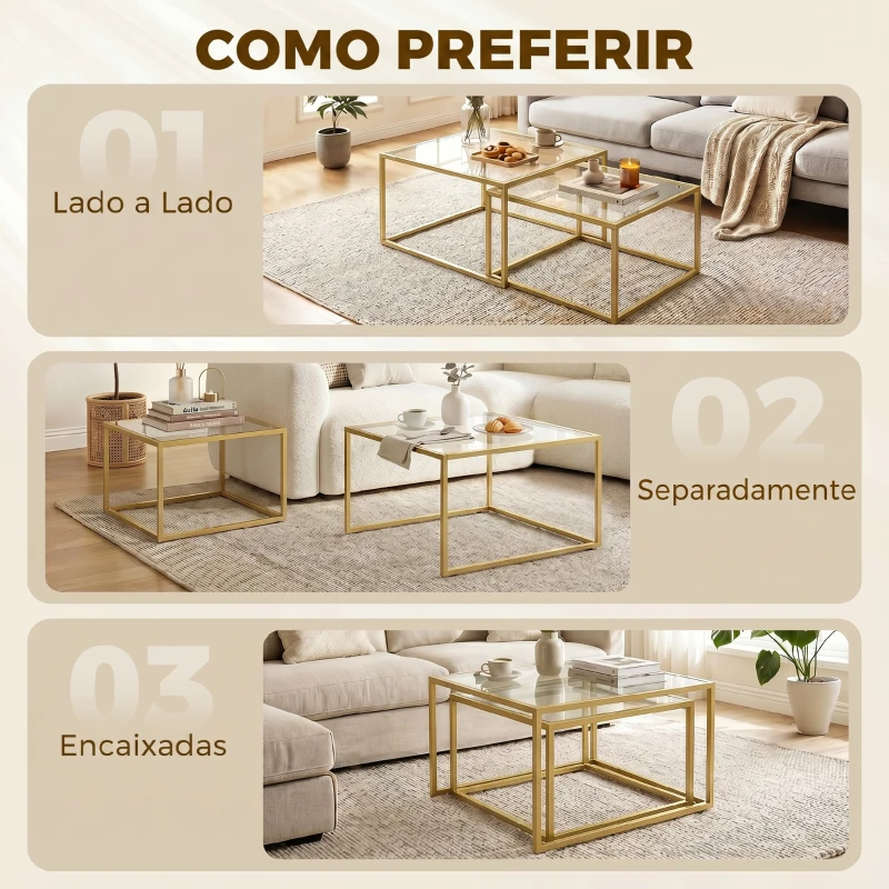 HOMCOM 2 Mesas de Centro Ninho Modernas com Vidro Temperado e Estrutura Metálica, 75x75x42 cm, Dourado